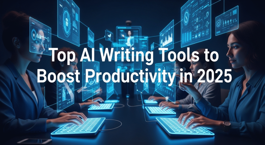 Top 10 AI writing tools to boost productivity in 2025 – illustration showing AI apps and digital writing software